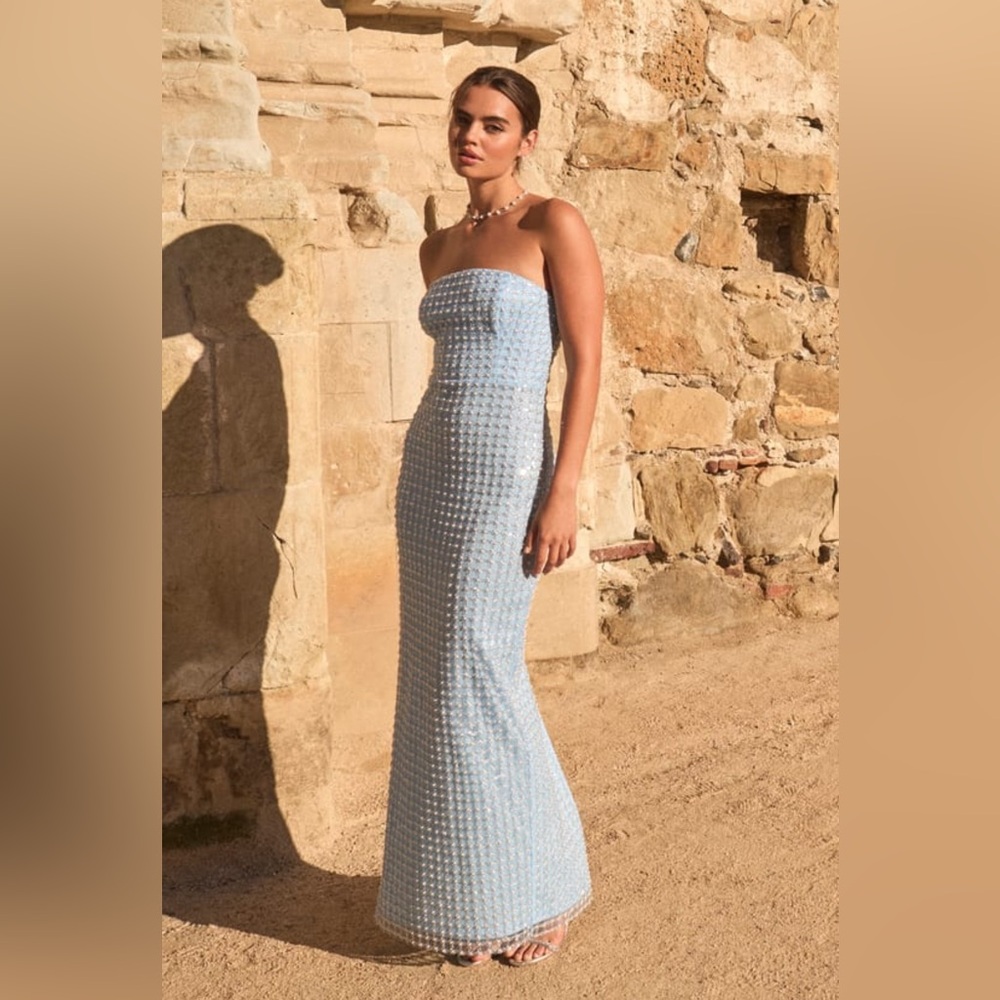 Light Blue Pearl Strapless Maxi Dress